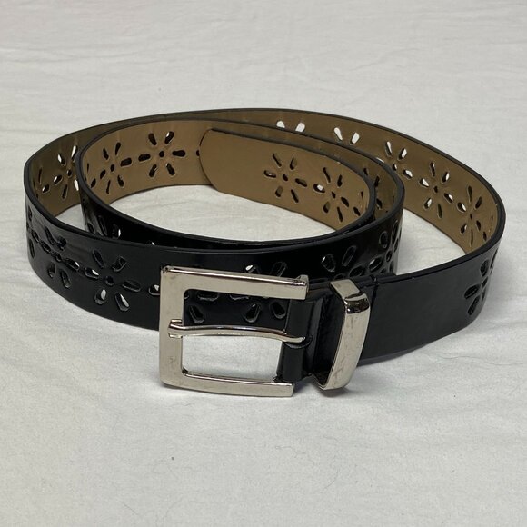 Faux Leather Daisy Cut Out Black Belt 2X Silver Metallic Buckle Boho Western - Picture 5 of 8